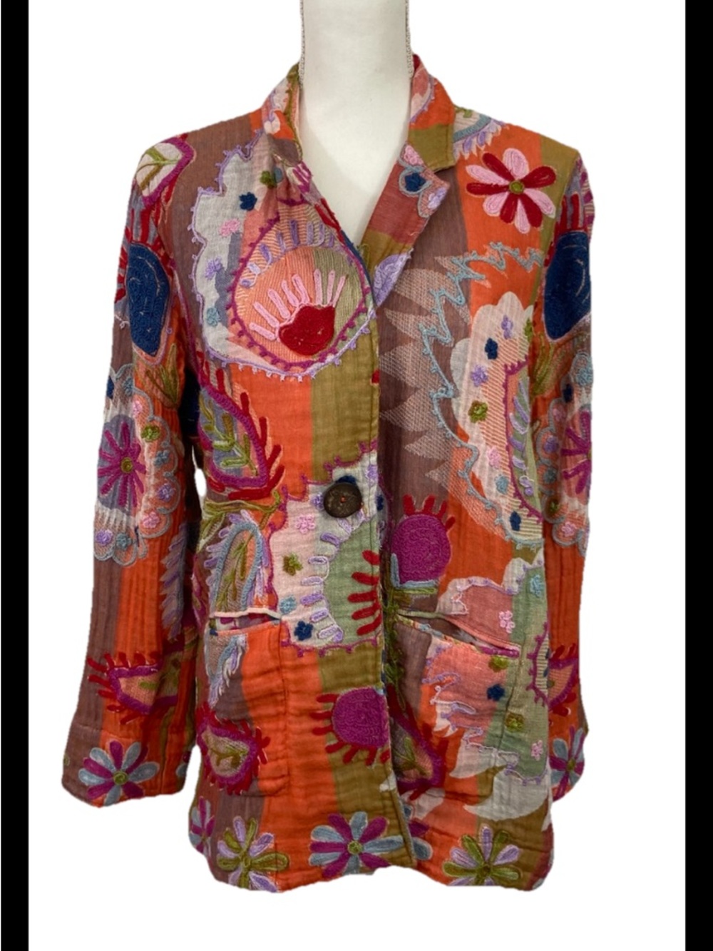 John Mark Women’s Jacket Cardigan Embroidered Multicolor M Boho Artsy Colorful